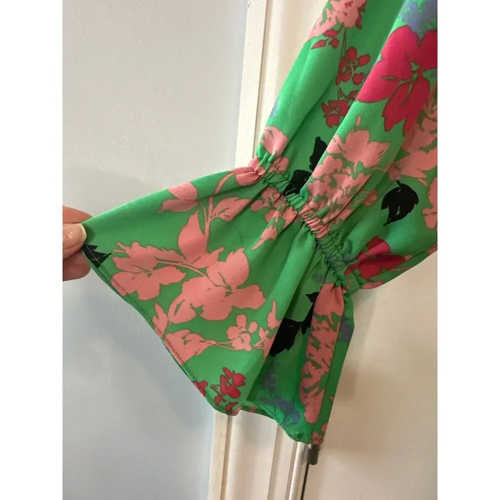 MISA Los Angeles Amalya Green Floral Tiered Ruffle Mini Dress XS Boho - Picture 9 of 11